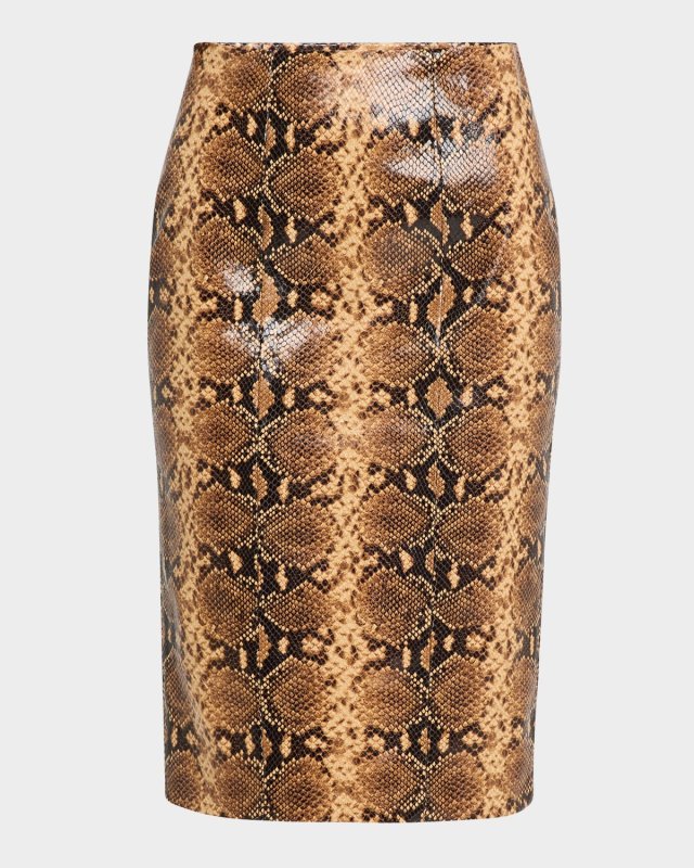 Yvette Snake-Embossed Leather Midi Skirt